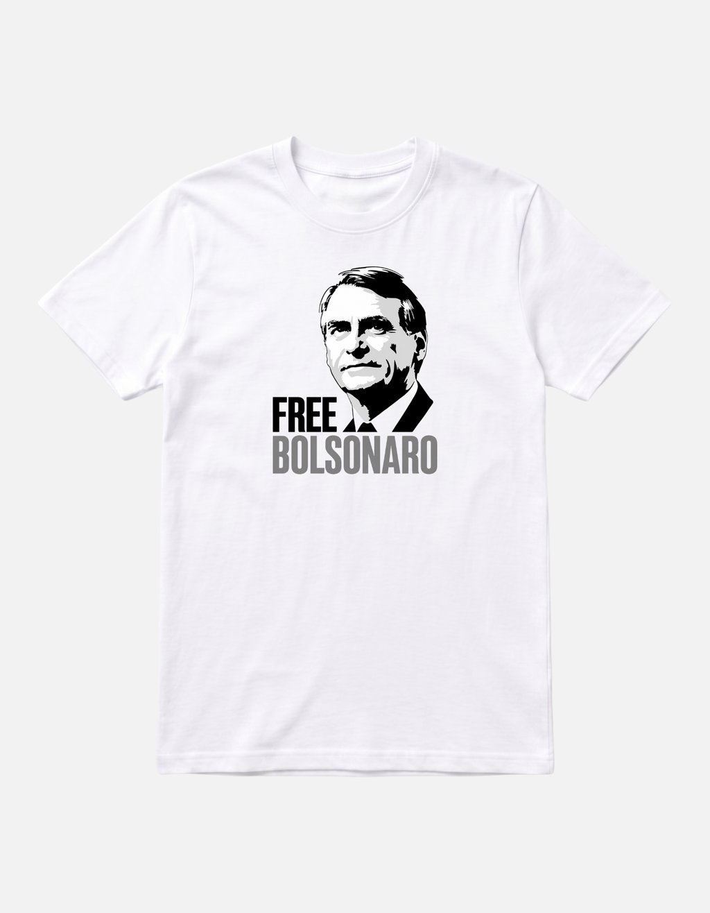 Camiseta branca Free Bolsonaro retrato preto e branco