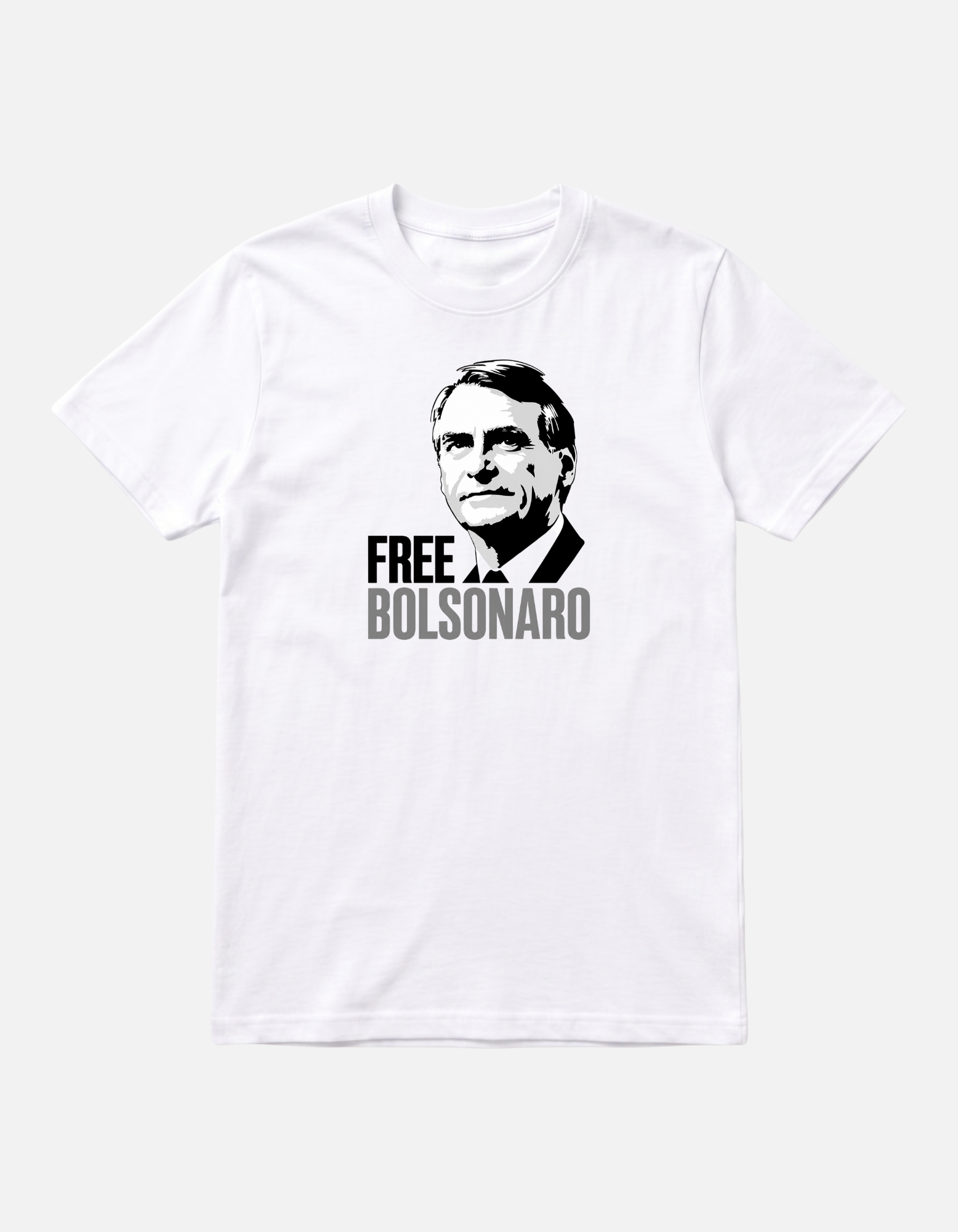 Camiseta branca Free Bolsonaro retrato preto e branco