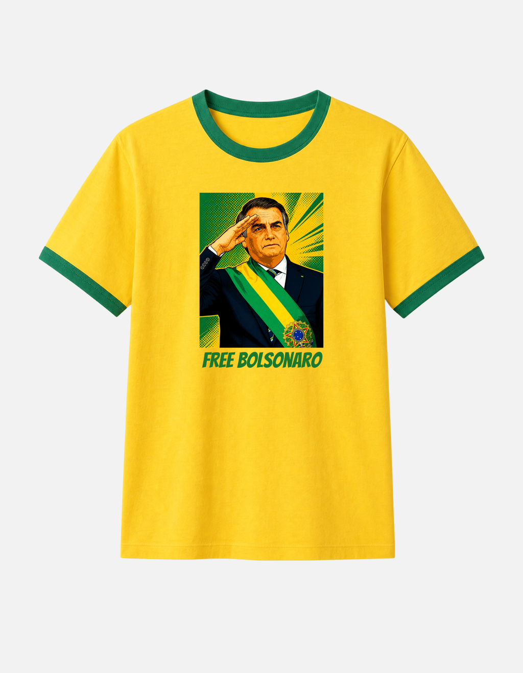 Camiseta amarela ringer Free Bolsonaro pop art